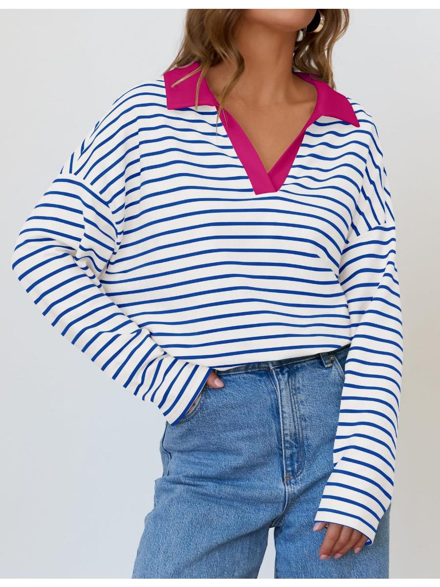 Женская осенняя полосатая футболка свободного покроя с длинными рукавами и V-образным — фото 9