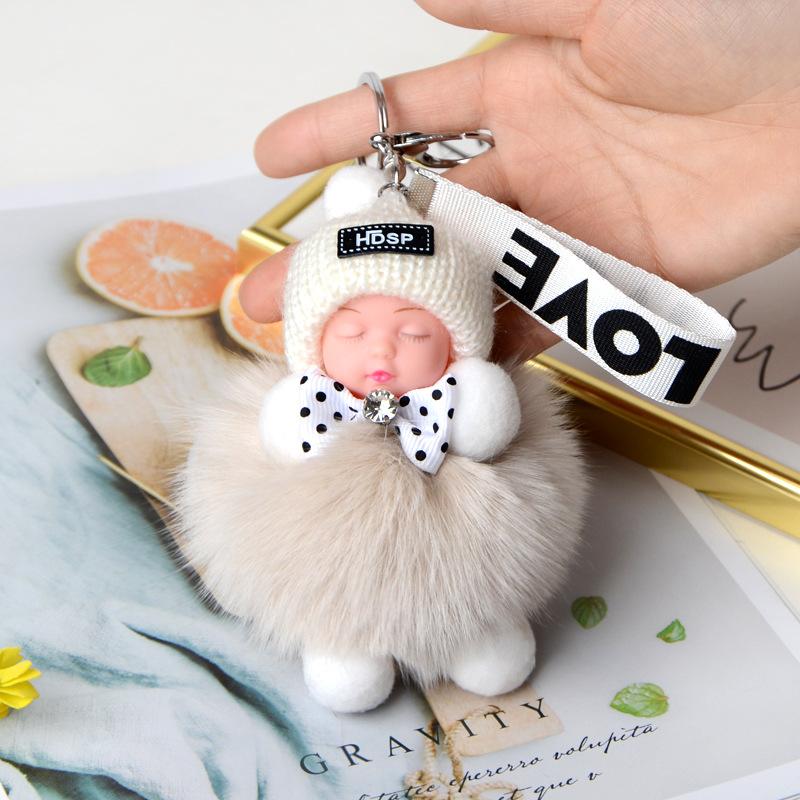 Pompom Sleeping Doll Keychain Cute Fluffy Plush Doll Keychains Women Girl Bags Keyrings Cars Key Ring Gift Charming Decoration