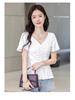 Frühling/Sommer 2025 Damen V-Ausschnitt Kurzarm T-Shirt - Koreanischer Stil mit süßen Rüschenärmeln
