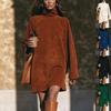 Autumn and Winter European and American Fashion Minimalist Casual Suede Fake Collar Shoulder Sleeves Mini Dress Women's Clothing