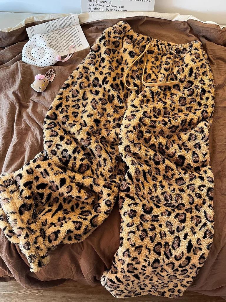 Jogging Velours Large Jambe Imprimé Léopard Taille Haute à Cordon de Serrage pour Femmes