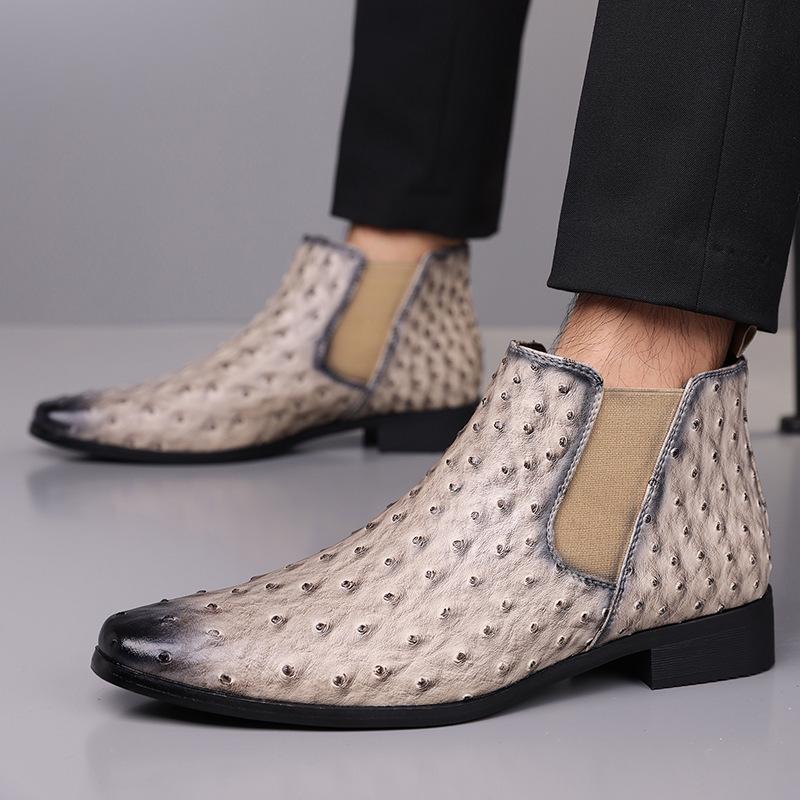 Retro Embroidered Ostrich Pattern Men's Mid-Calf Square Toe Knight Boots, Plus Size 38-48