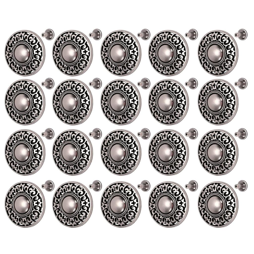 20pcs Metal Jeans Buttons Kit 24mm Metal Buttons Rivet Stud Set for Pants DIY Crafts Antique Silver