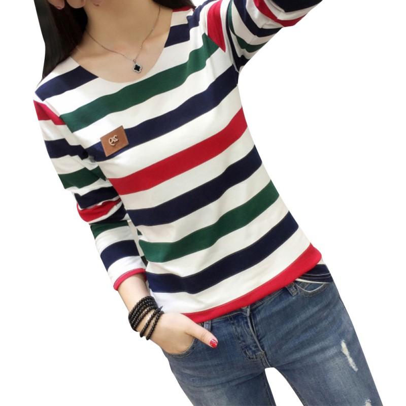 Women T-shirt Striped Long Sleeve Cotton Slim Round Collar Shirt Casual Women Tops