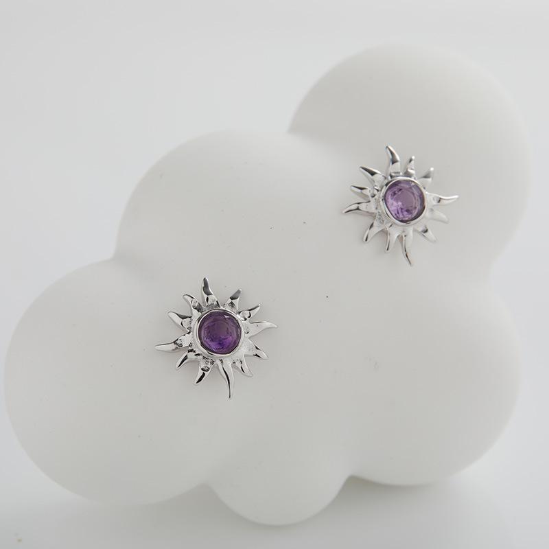 S925 Sterling Silver Natural Pearl Amethyst Tiger Eye Jasper Colored Treasure Stud Earrings Women'S French Retro Sunflower Earrings