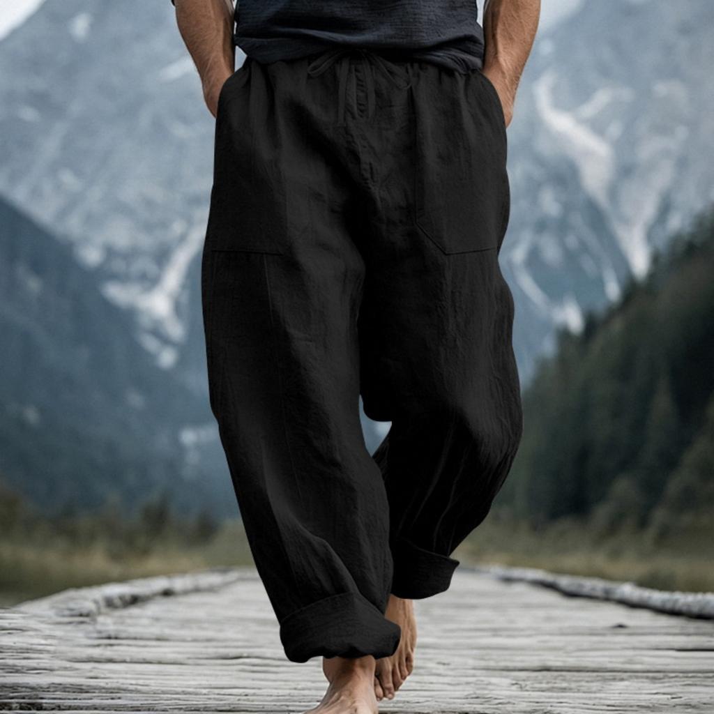 Men’s Loose Fit Linen Pants Breathable Sweat Absorbing Wide Leg Casual Trousers with Drawstring Waist Large Size for Daily Wear