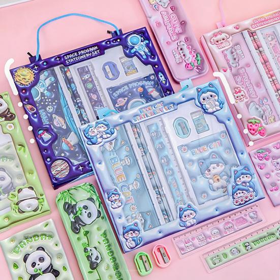 7Pcs Cartoon Stationery Gift Set for Kids Back to School Pencil Kit in Gift Box Elementary Student Supplies with Eraser