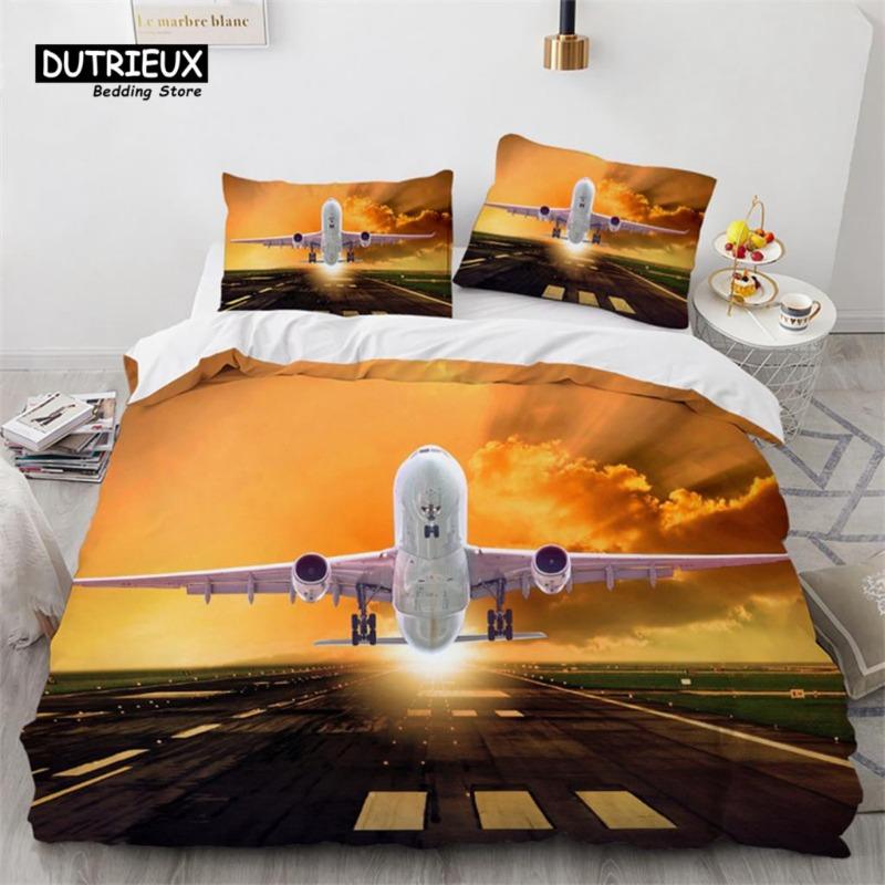Boys Airplane Duvet Cover King Queen Polyester Aviation Aircraft Runway Bedding Set Sky Scenery Bedspread Cover with Pillowcase Gift