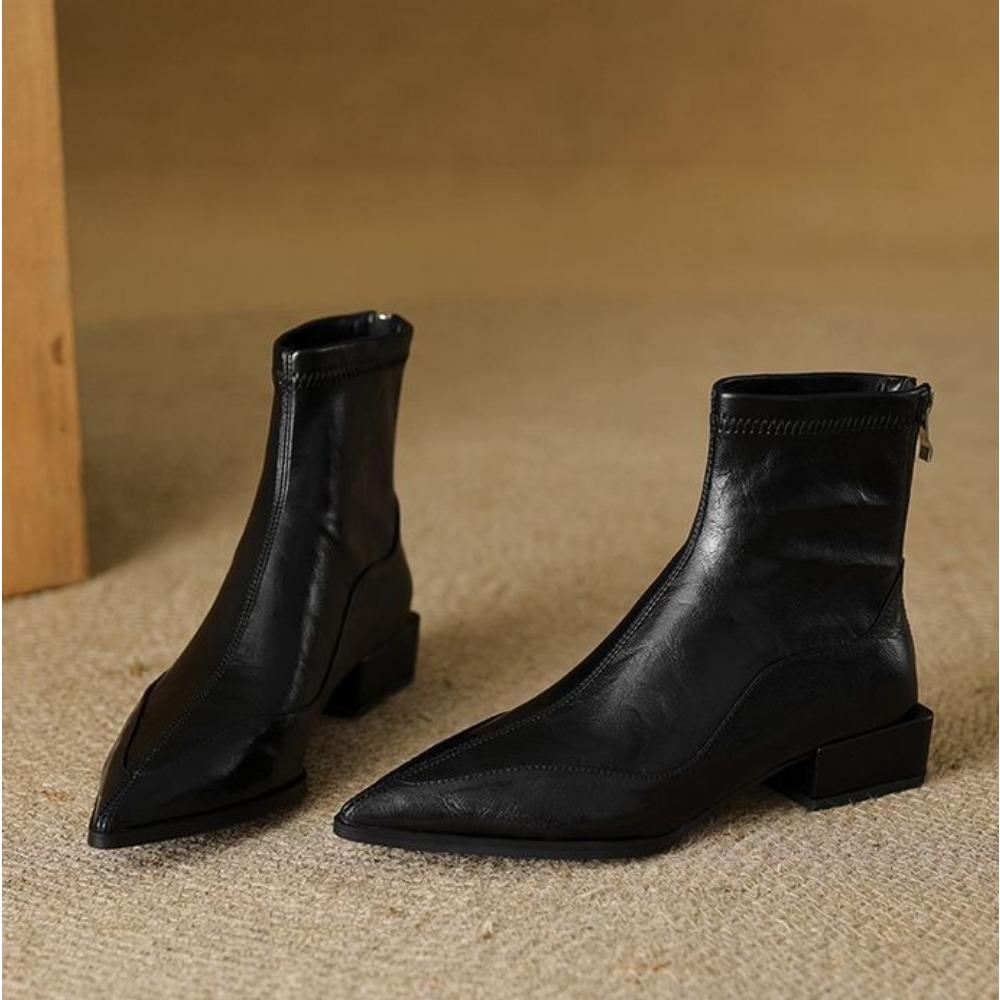 Chelsea Boots Women's Autumn Winter New Thick Heel Bootie Women's Retro Brown Chelsea Boot Pointed Low Heel Elastic Thin Boots