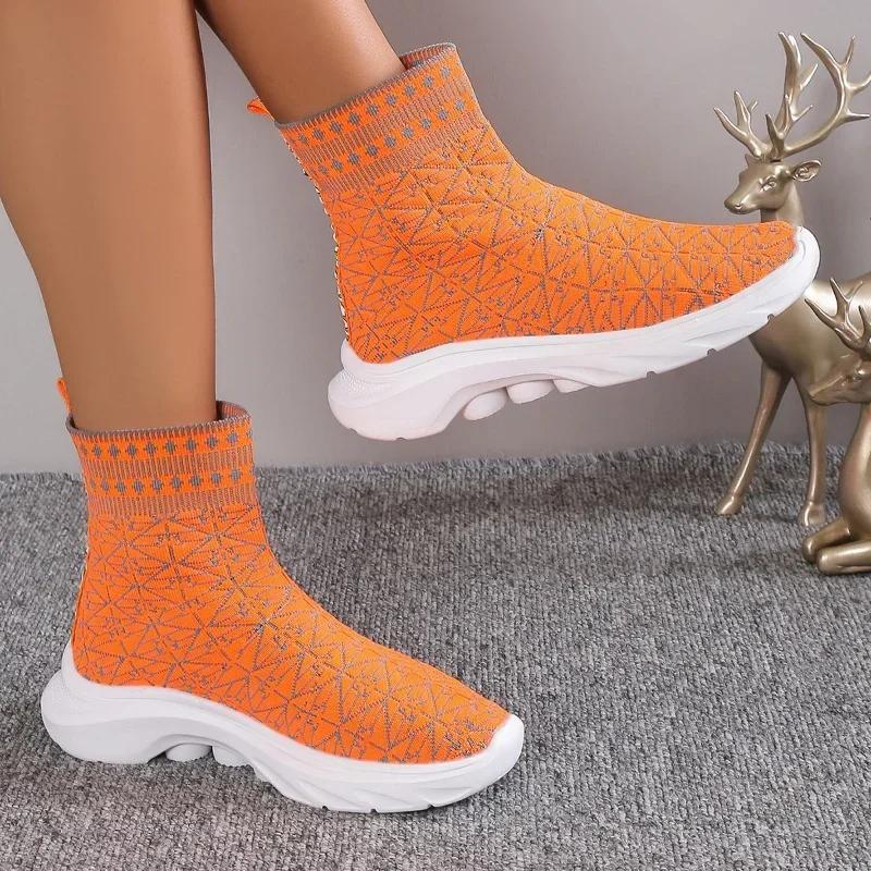 Fashion Fashion Chunky Platform Boots for Women  Autumn Slip-On Elastic Knitted Ankle Boots Woman Mid-calf Boots Sock Shoes 2024