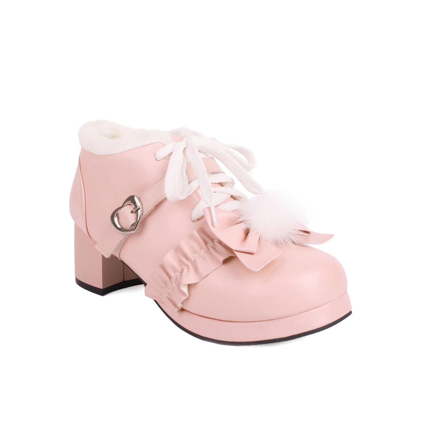 

2025 Осень Зима Женские Туфли Лолита на среднем каблуке с искусственным мехом и милым бантом Туфли Мэри Джейн для невесты, свадьбы, косплея, вечеринки, бежевого, розового, черного цвета 46