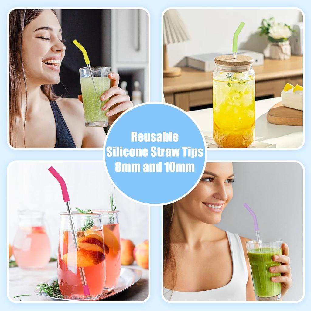 KEIFIN 18 Pcs 8mm 10mm Silicone Straw Tips with Bottom Sleeve Reble Food Grade Rubber Straw Tips for Metal Glass Straws Replaceable Flex Toppers