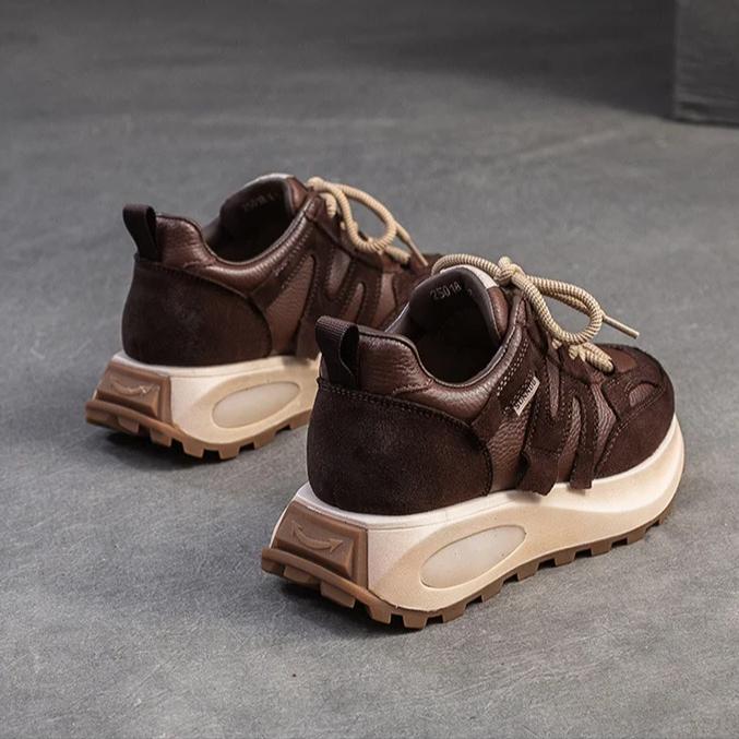 Johnature Zapatillas de deporte de cuero genuino, zapatos deportivos casuales versátiles, zapatos planos con cordones y punta redonda para mujer