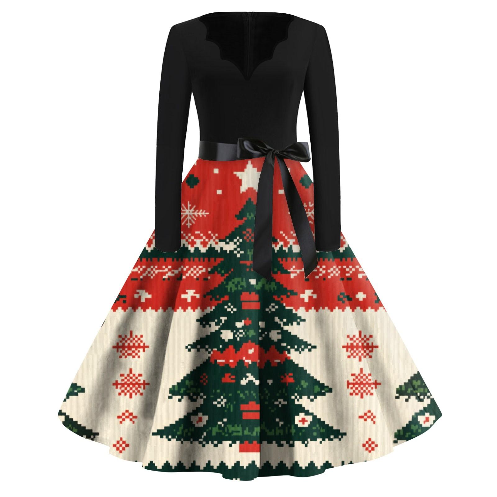 

Женские модные повседневные тонкие рождественские платья с длинным рукавом с v-образным вырезом и принтом XXXL