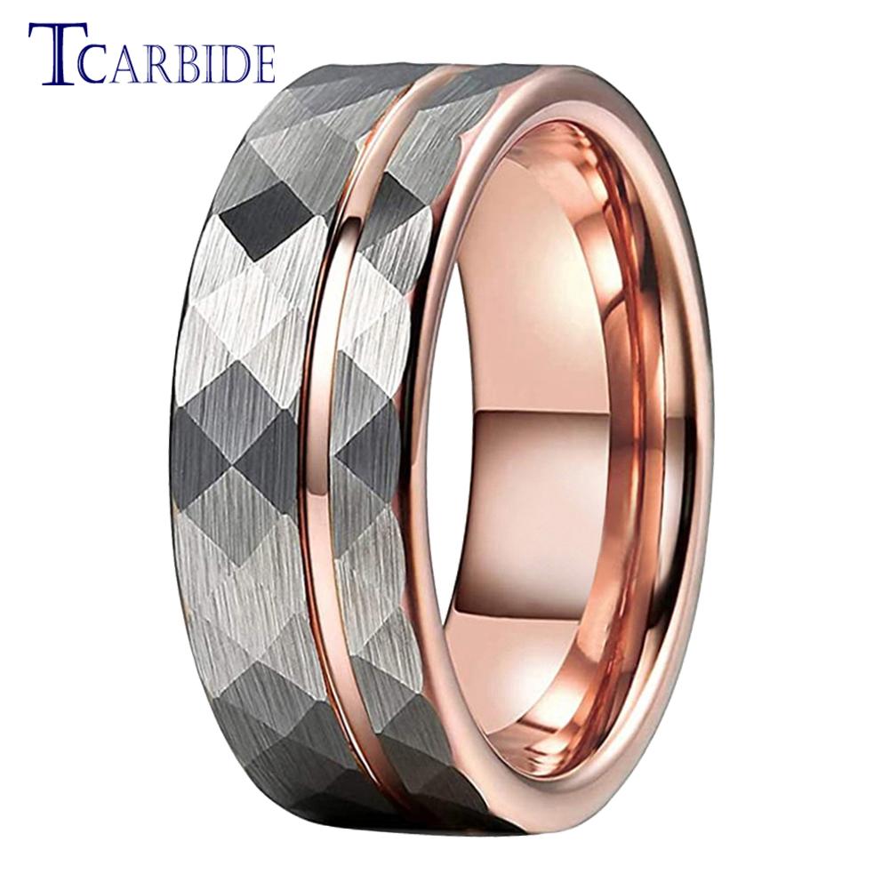 8MM Hammer Wedding Band For Men Women Multi-Faceted Brushed Offset Grooved Finish Nice Gift Jewelry Comfort Fit