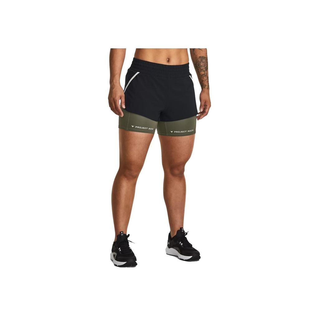 Under Armour Project Rock Johnson Flex Leg Day Letter Print Elastic Waist Fake Two-Piece Sports Casual Shorts Women Shorts Black 1380188-001