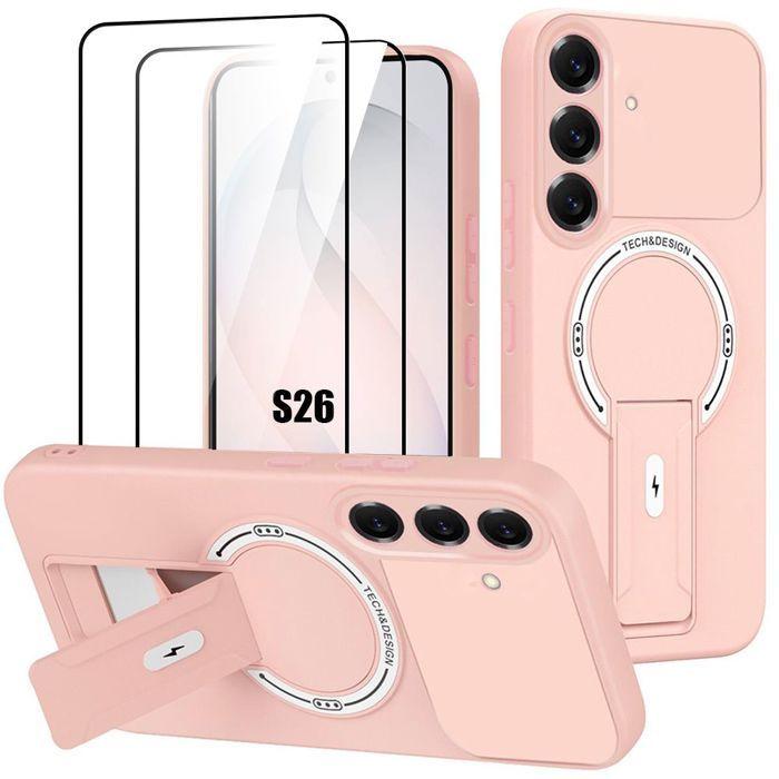 Coque pour Samsung Galaxy S26, Silicone avec Support et Cercle Magnétique - Rose - 2 Verres Trempés
