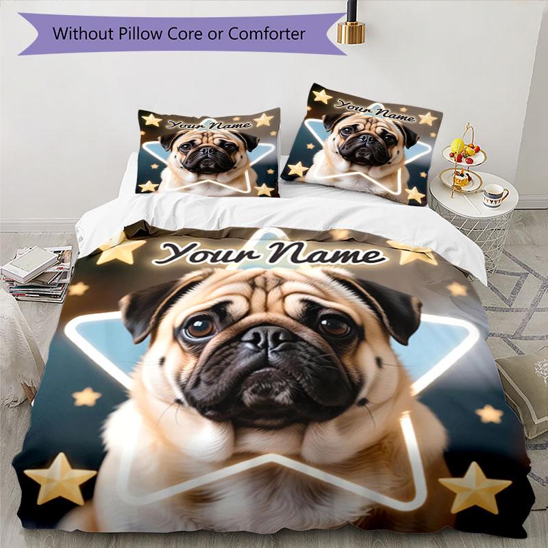 3pcs Custom Name "Starry Night Pug Portrait" Bedding Set Printed Bedding Set Duvet Cover Closure Includes 1 Duvet Cover & 2 Pillowcases Bedroom Decor