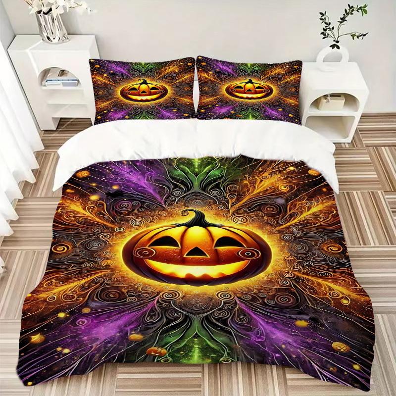 3pcs Pumpkin Halloween Bedding Set, Includes 1 Comforter + 2 Pillowcases, Without Pillow Inserts, Soft Comfortable, Lightweight Breathable,