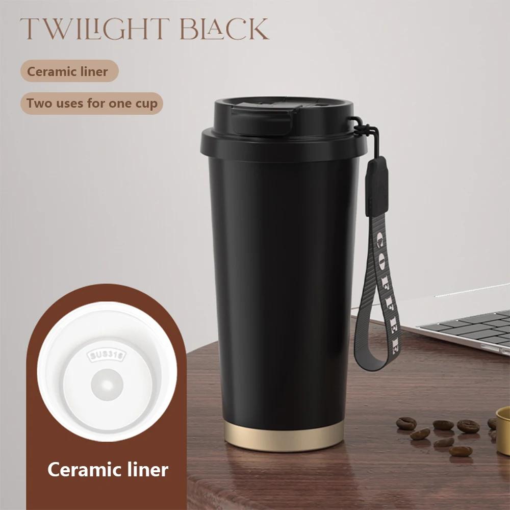530ml 316 Stainless Steel Thermos Coffee Cup Ceramic Liner Vacuum Insulated Cup with Straw Cold and Hot Tumbler Travel Car Mug