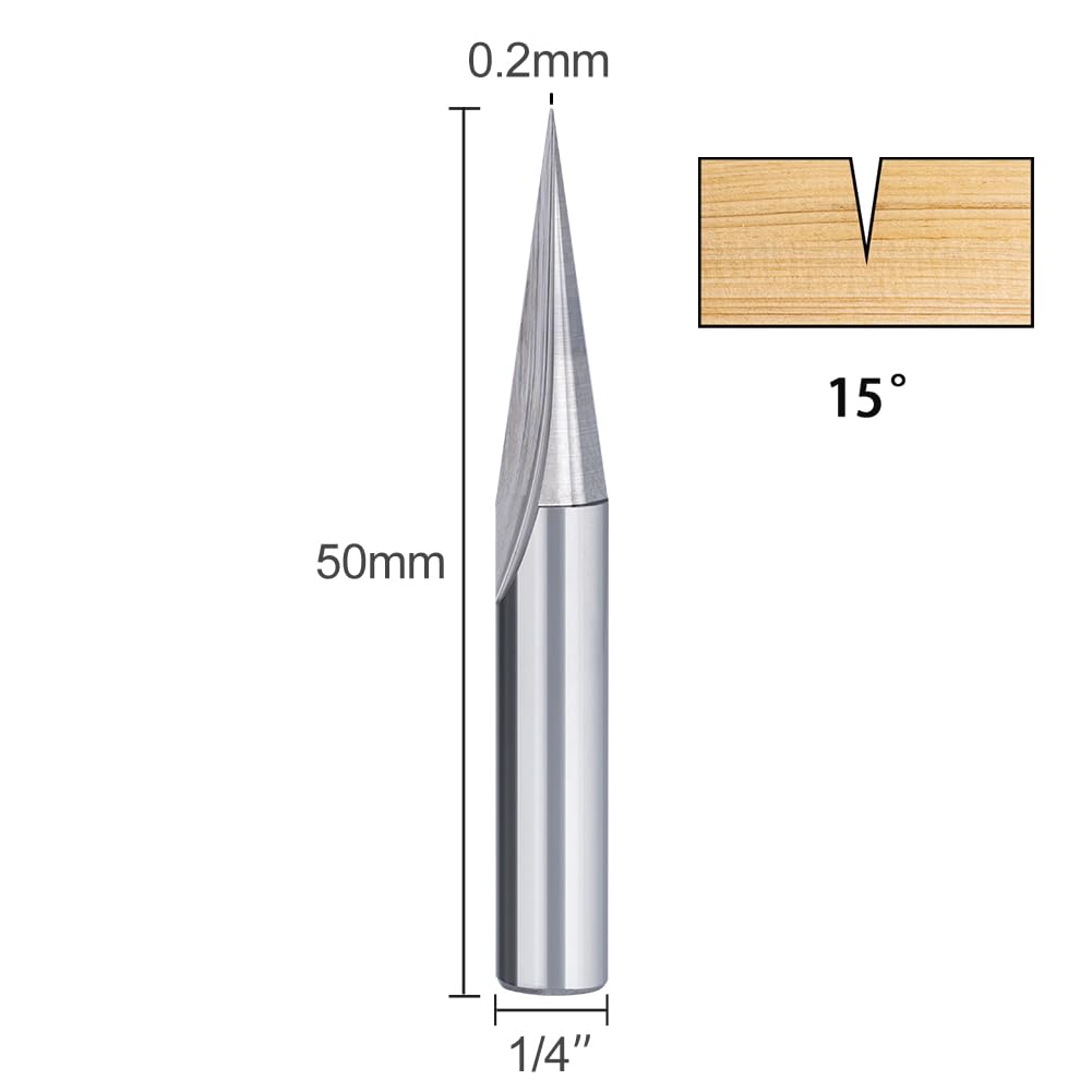 CNC Engraving Bits Wood Carving Router Bit 1/4'' Shank 15 Degree Carbide 2 Flutes 0.2mm Tip Detail Carving Liner V-bit Woodworking Router Tool for