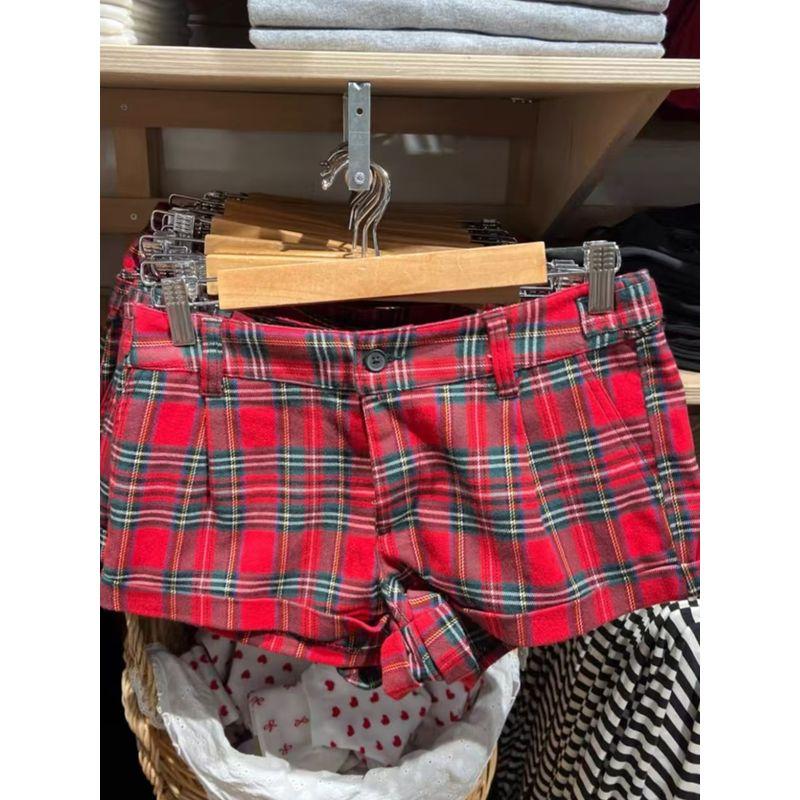 BM Sense American Vintage Red Plaid Low Waist Shorts Women Gyaru Contrast Color Summer Hot Pants All-Match Casual Pants