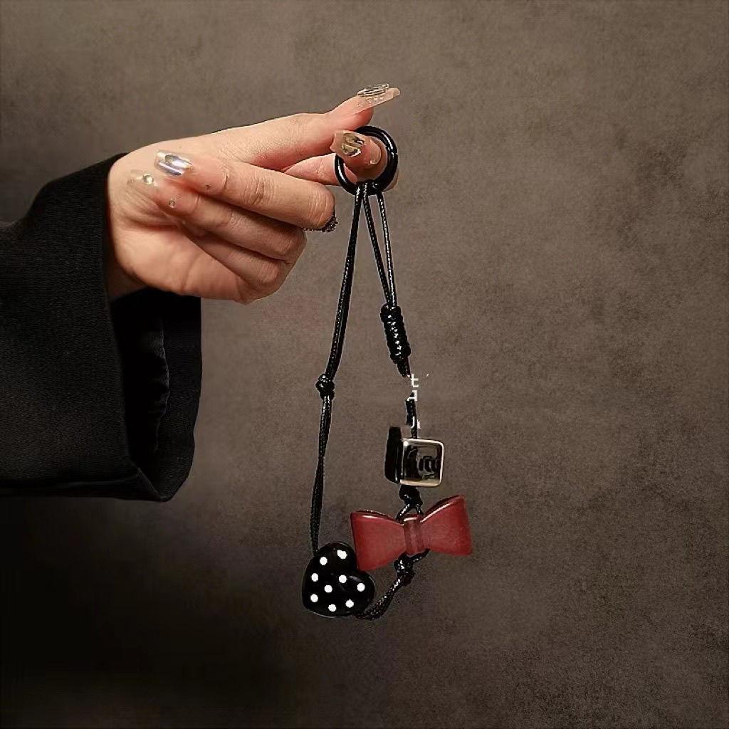 INS Korean Style Autumn Winter Oil Wax Black Lanyard Red Bowknot Polka Dot Heart Handmade Beaded Versatile Phone Chain Red Bow Polka Dot Heart O