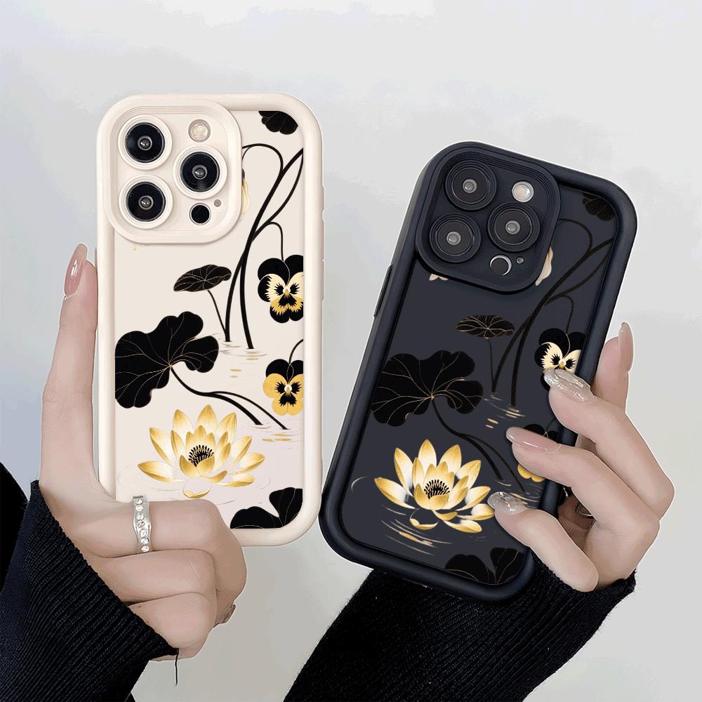 Golden Lotus & Black Lily Pads Phone Case for Xiaomi Redmi Note 14 13 12 11 10 9 8 7 Pro Shockproof Anti-Slip Soft TPU Cover