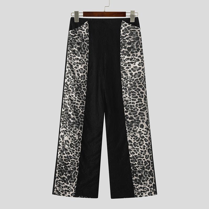 INCERUN Men's Leopard Print Patchwork Elastic Waist Trousers Streetwear Casual Wide Leg Loose Pants