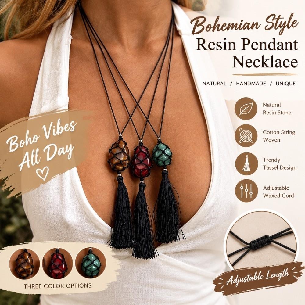 Adjustable Length Pendant Necklace Boho Resin Tassel Waxed Thread Choker Daily Casual Styling