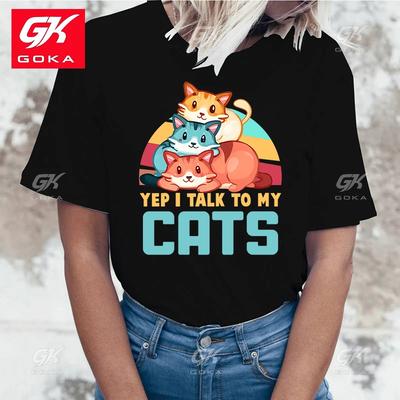Funny Yer Talk To My Cats Printed Cotton T Shirt Women Short Sleeve Round Neck Cute Casual T Shirts Creative Personalized Tees