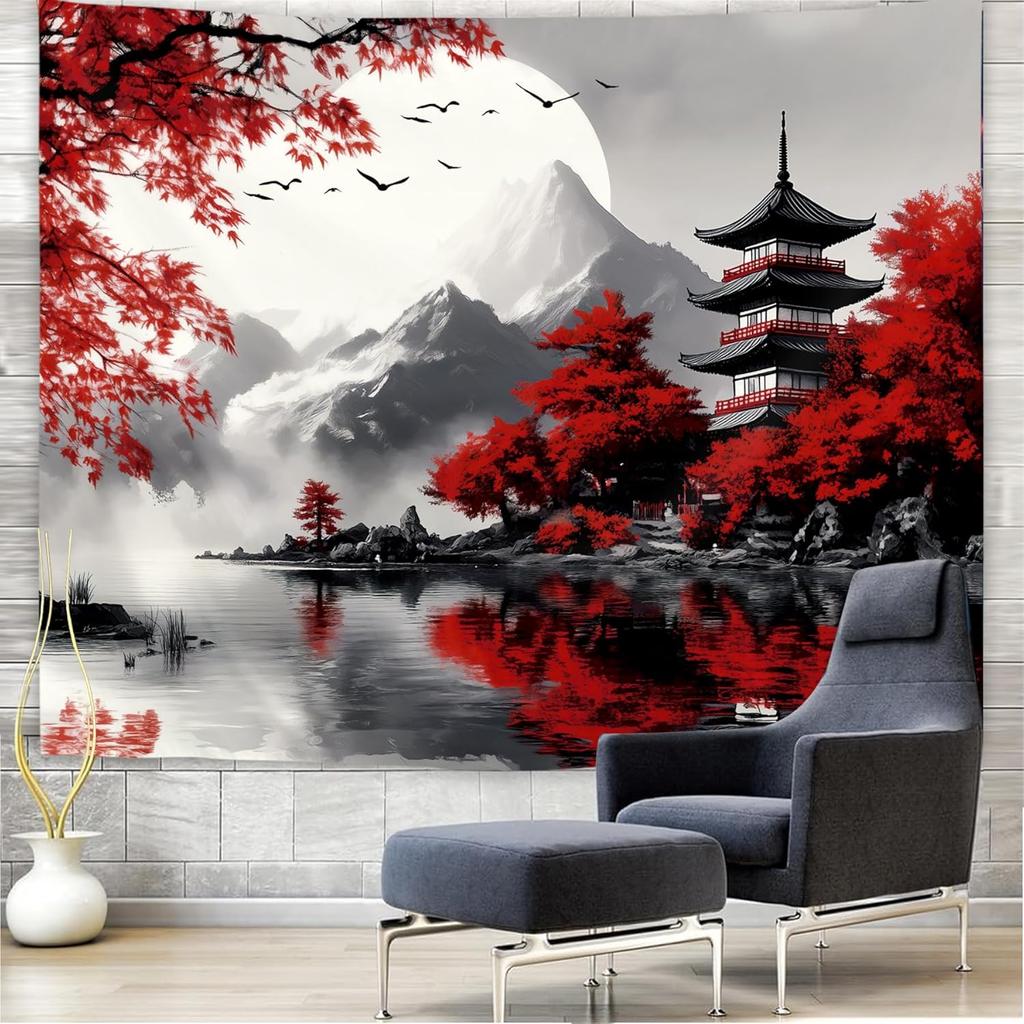 Japanese Red Maple Tapestry, Black And White Fuji With Red Trees And Pagoda By Lake Print Wall Hanging For Bedroom Living Room