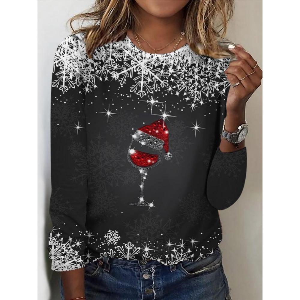 Fashion Christmas Printed Women's T-shirt Casual Long Sleeve Santa Claus Christmas Tree Deer Pattern Tops Tees Autumn Female