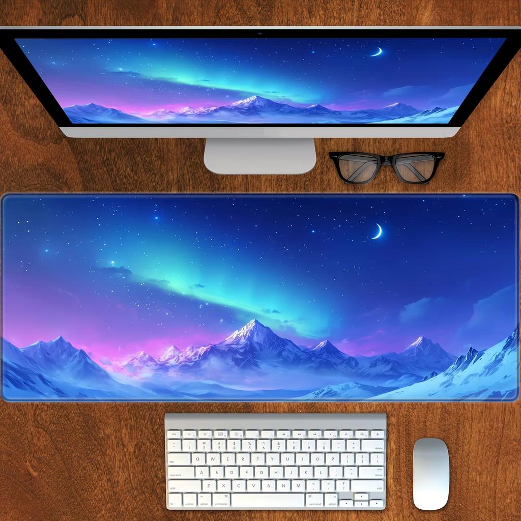 Starry Night Village Large Desk Mat, Blue Swirl Sky Moon Town Landscape Extended Gaming Mouse Pad, Non‑Slip Keyboard Table Mat