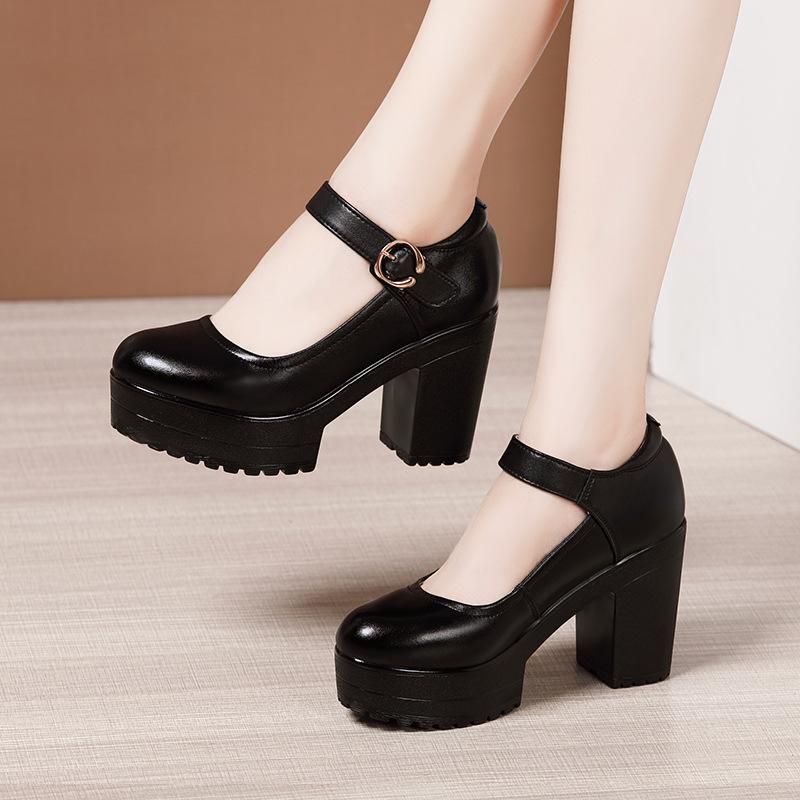 Women's High Heel Shoes Genuine Leather Pumps Platform Mary Jane Shoes Women Office Work Shoe Women's Wedding Shoes 32-43