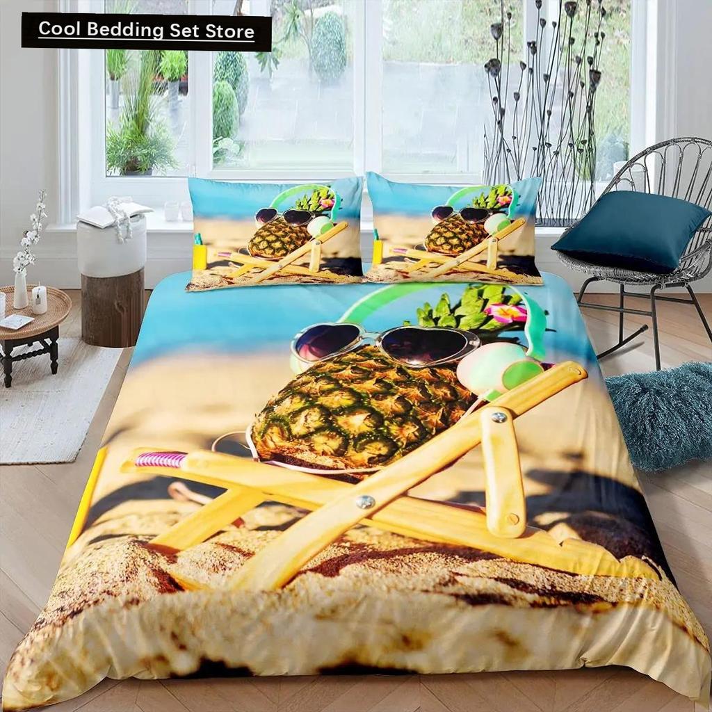 Comforter Pineapple King Size Yellow Geometric Pineapple Bedding Set Seaside Beach Theme Fruit Printed Comforter