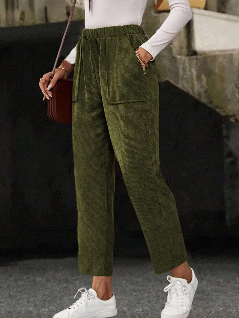 New Fall Women's Clothing Solid Elastic Waist Corduroy Pants Women Straight Leg Casual