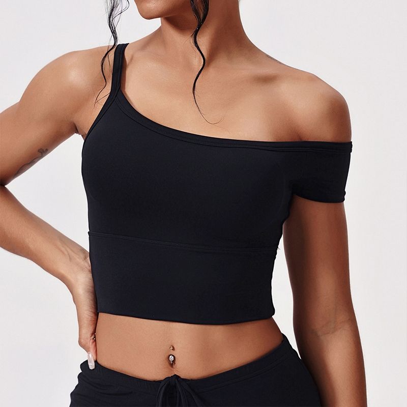 

Fashion Sexy off-the-Shoulder Sports Vest Women with Chest Pad Stylish Spaghetti Strap Bra Training Outwear Workout Top Black L