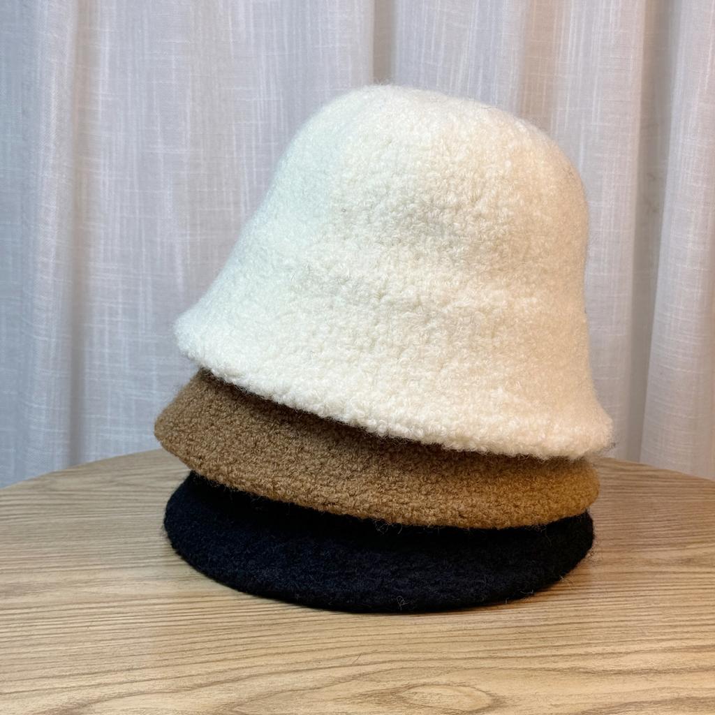 Lamb Wool Bucket Hat Women's Autumn and Winter Thickened Warm Basin Hat Solid Color Wool Bucket Hat