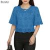 ZANZEA Women Casual Round Neck Lace Crochet Patchwork Half Sleeve Blouse