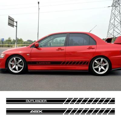 2PCS Car Door Side Skirt Stripes Stickers For Mitsubishi Lancer 10 3 9 EX Outlander 3 ASX L200 Ralliart Competition Accessories