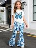 Mädchen 2-teiliges 3D-Druck Grafik-Outfit Kurzarm-T-Shirt & Schlaghose Kinder Freizeit Streetwear Set