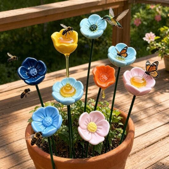 Flower Bird Feeder with Stake, Resin Garden Water Station, Outdoor Bird Bath for Yard, Hanging Floral Ornament