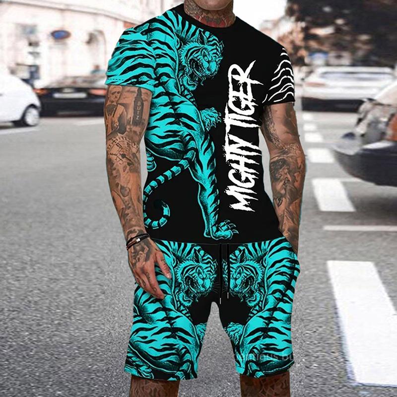 Tuta da Ginnastica da Uomo Tigre Animale Stampa 3D Costumi da Spiaggia Casual Girocollo Manica Corta Set Maglietta e Pantaloncini Abbigliamento Sportivo Uomo 2pz
