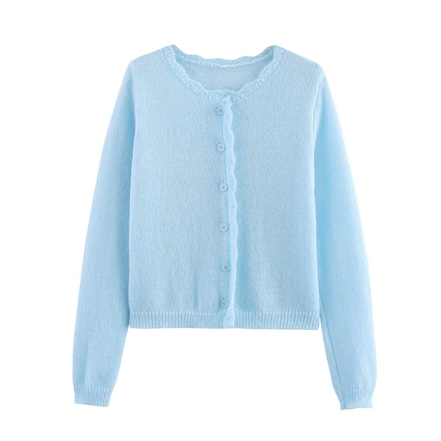 

Женский вязаный кардиган с длинным рукавом в европейском и американском стиле, весна 2025, модный и универсальный, в трех цветах Medium светло-синий