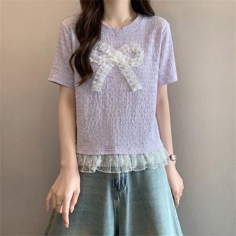 Fake Two Ruffled Women's T-shirts Lace Large Bow Pattern Round Neck Short Sleeved Tees Korean Style Summer New Version Loose Woman Top