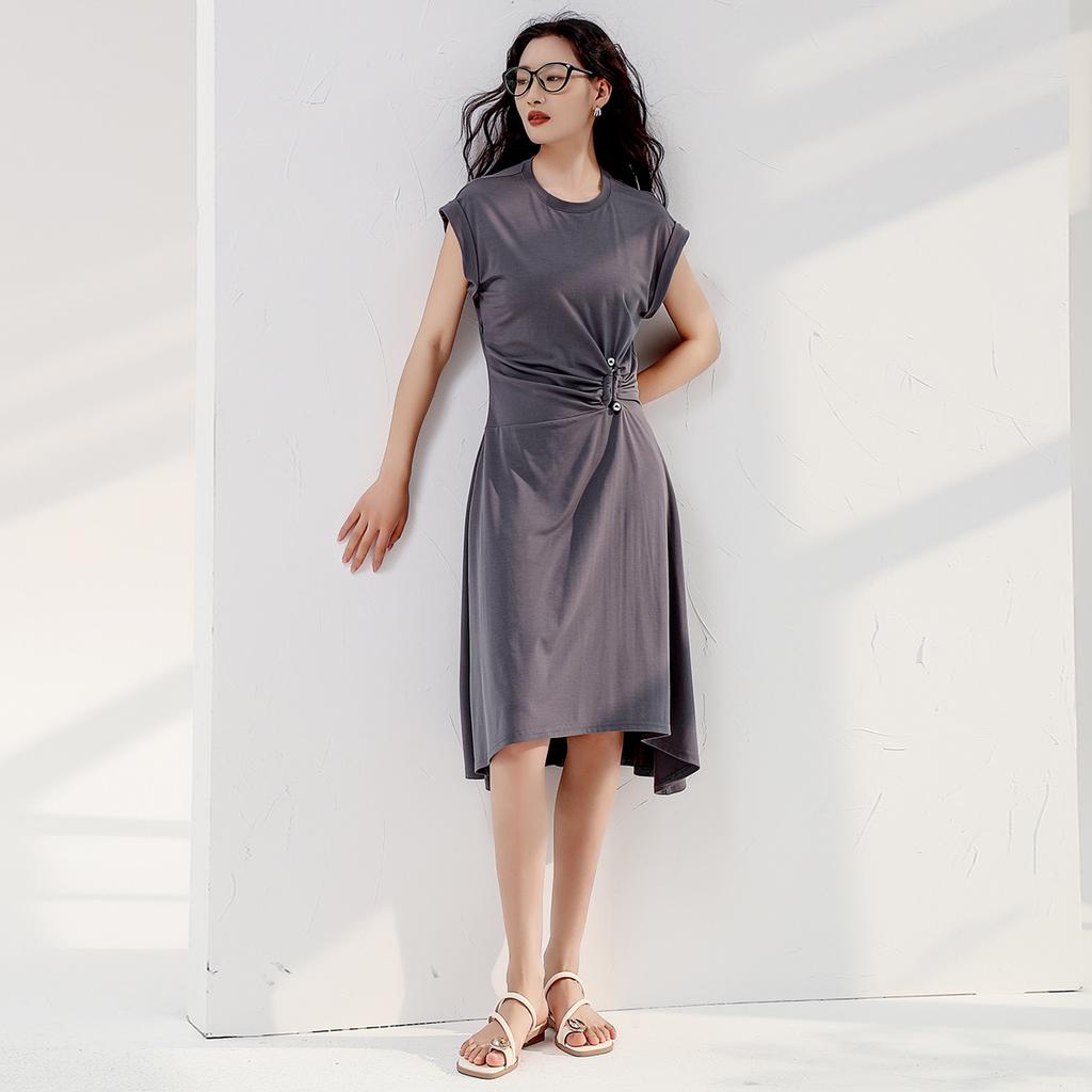 Round neck simple waist cinching irregular dress for women