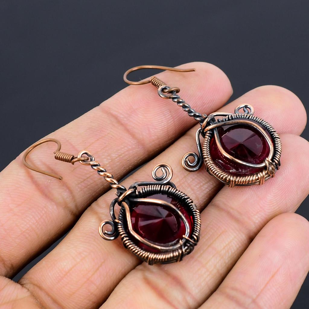 Garnet Jewelry, 999 Copper Wire Wrapped Earrings, Handmade Gemstone Jewelry Earrings For Memorial Day