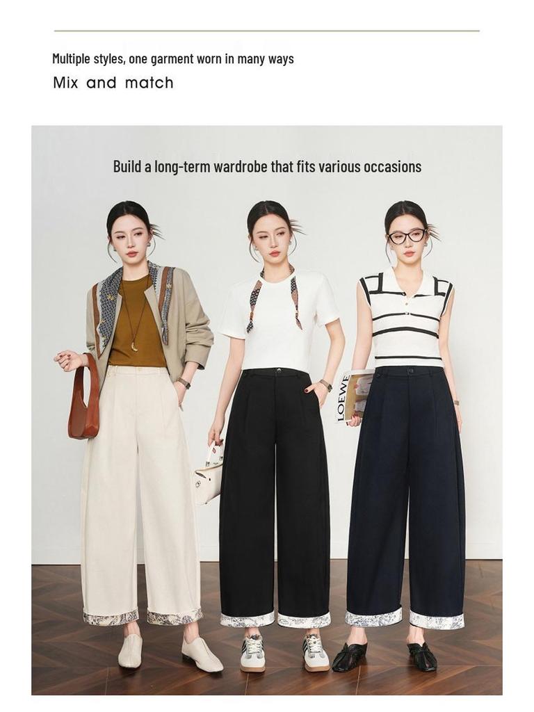 2026 Spring/Autumn Women's High-Waisted Wide-Leg Color Block Lace Casual Pants, Plus Size