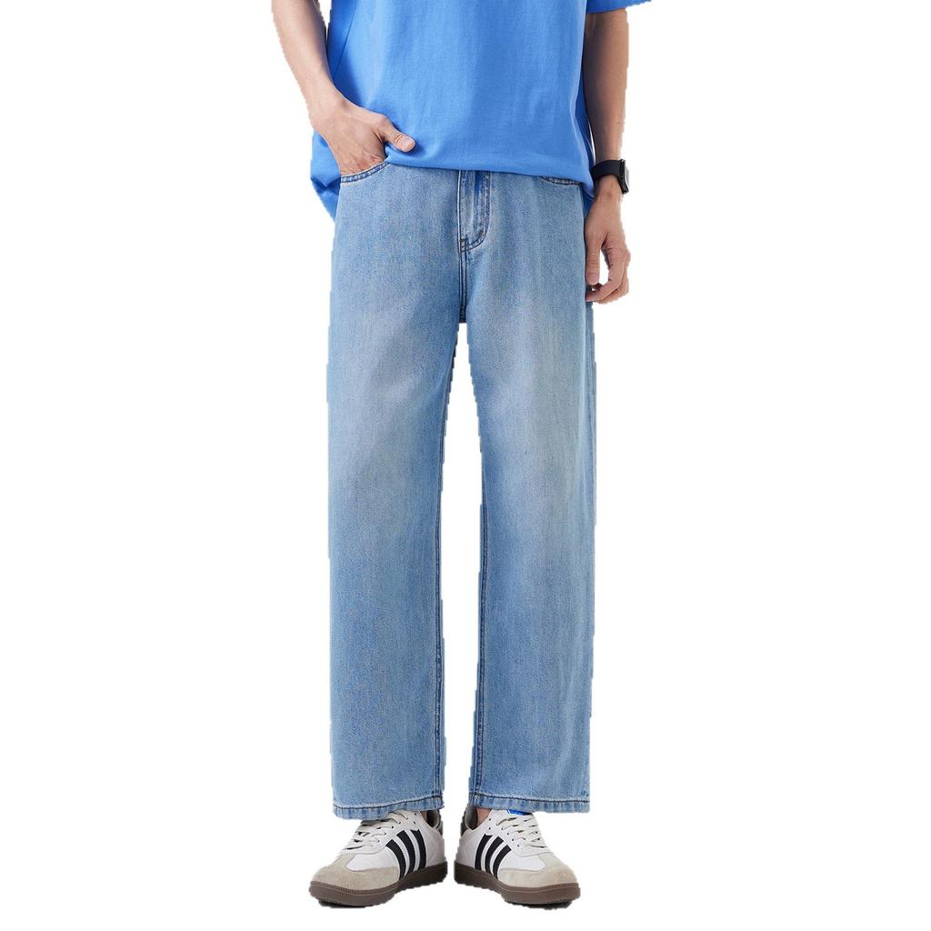 Fried salt water washed jeans men's spring new commuter versatile Tencel wide-leg straight casual nine-point pants loose tide
